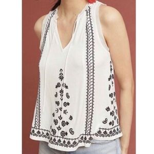 Anthropologie Akemi + Kin Chelsey Embroidered Tank Antique White Black Size S